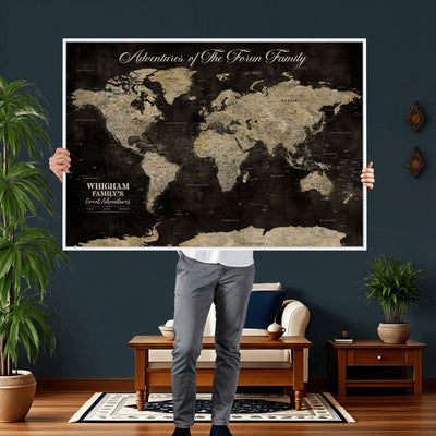 Personalized Framed Black Modern World Map Canvas with Push Pins, Next Trip Planner Map, Dining Room and Home Office Decor