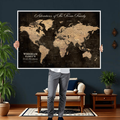 Personalized Framed Beige Geometric Push Pin Travel Map Canvas Print, Honeymoon and Anniversary Gift, Dining Room and Hallway Decor