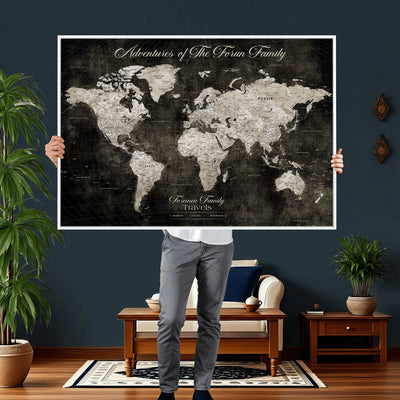 Personalized Framed Beige Push Pin World Map Canvas Print, Couples Countries Visited Map, Dining Room and Study Decor