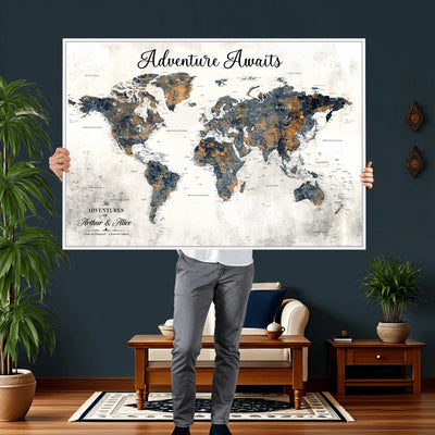 Custom Framed Beige Geometric World Travel Map Wall Art with Pins, Places Visited Tracker, Family Room and Home Office Decor