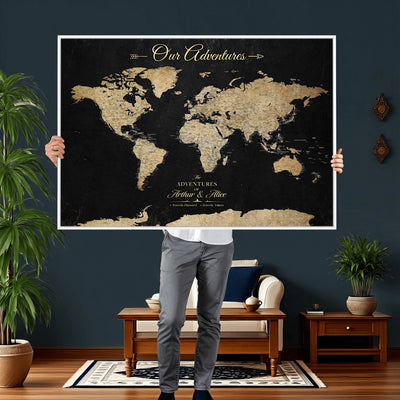 Personalized Framed Beige Push Pin World Map Canvas Print, Family Travel Tracker, Bedroom and Home Office Decor