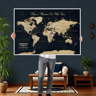 Personalized Framed Beige Geometric Push Pin World Map Wall Art, Couples Countries Visited Map, Bedroom and Hallway Decor