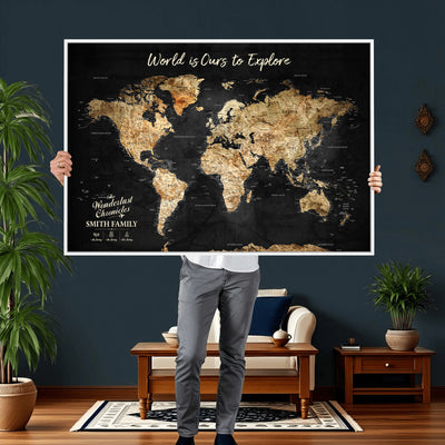 73732636-MGV-CV-36X24 - Custom Push Pin World Map Wall Art Canvas Print | Personalized Travel Tracker with Pins Framed Large for Home and Office Decor