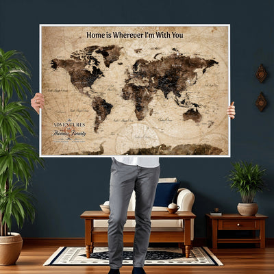 Personalized Framed Beige Modern World Travel Map Wall Art with Pins, Family Adventure Map, Living Room and Hallway Decor