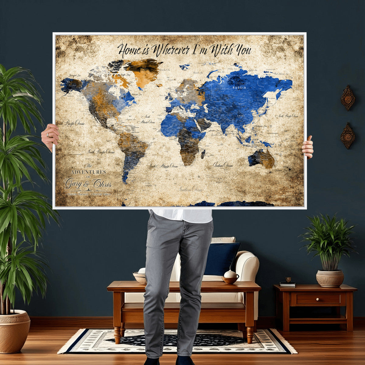 Personalized Framed Beige World Map Canvas with Push Pins, Honeymoon and Anniversary Gift, Living Room and Home Office Decor