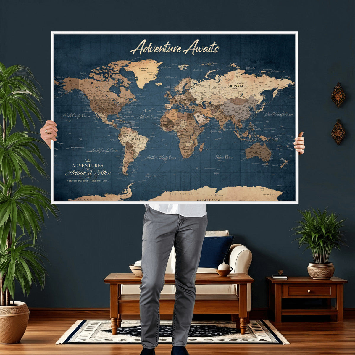 Personalized White Vintage World Travel Map Wall Art with Pins, Next Trip Planner Map, Family Room and Dining Room Decor