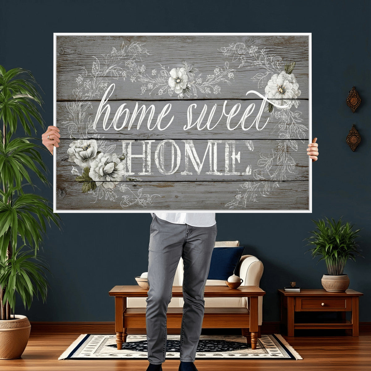 Home Sweet Home Sign Wall Art Canvas Print, Floral Farmhouse Decor