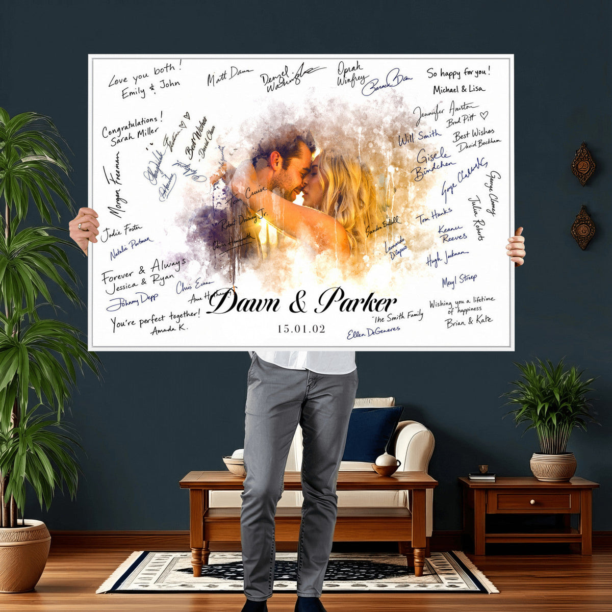 74713307-MGV-CV-36X24 - Wedding Guest Book Alternative Wall Art Canvas Print, Personalized Couple Photo Guestbook Wedding Signature Poster, Custom Couple Photo Guestbook Canvas, Bridal Shower Reception Decor