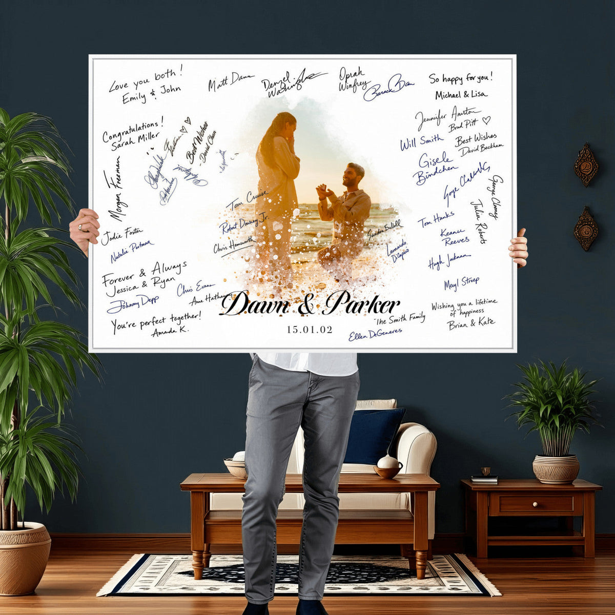 75692697-MGV-CV-36X24 - Wedding Guest Book Alternative Wall Art Canvas Print, Personalized Couple Photo Guestbook Wedding Signature Poster, Custom Couple Photo Guestbook Canvas, Bridal Shower Reception Decor