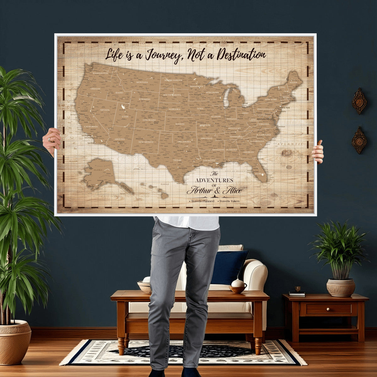 19102499-MGV-CV-36X24 - Personalized USA Push Pin Travel Map, Custom United States Map, Push Pin Map, USA Bucket List Map, Anniversary Gift | Couple Travel Map Wall Art