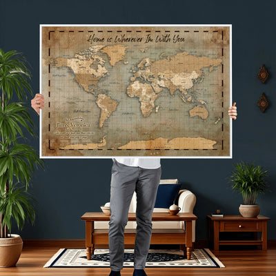 97123877-MGV-CV-36X24 - Vintage Custom Push Pin World Map Print | Vintage Travel Map Canvas, Personalized Names Anniversary Gift, Places Visited Pin Board