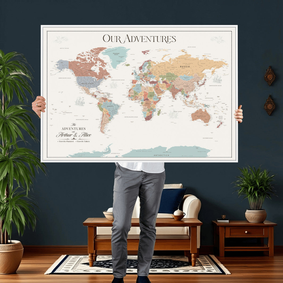 Personalized Framed Navy Push Pin World Map Canvas Print, Next Trip Planner Map, Living Room and Entryway Decor