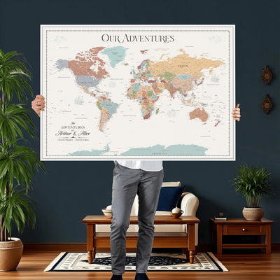 Personalized Framed Navy Push Pin World Map Canvas Print, Next Trip Planner Map, Living Room and Entryway Decor
