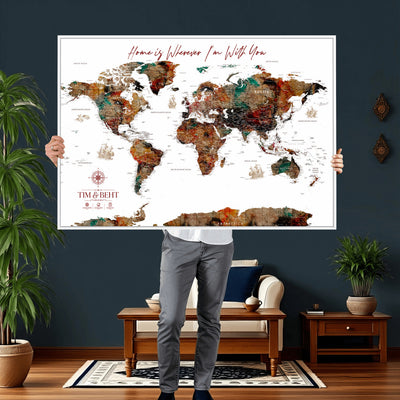 116MESUT-MGV-CV-36X24 - Custom Push Pin World Map Canvas Print | Personalized Travel Map Wall Art