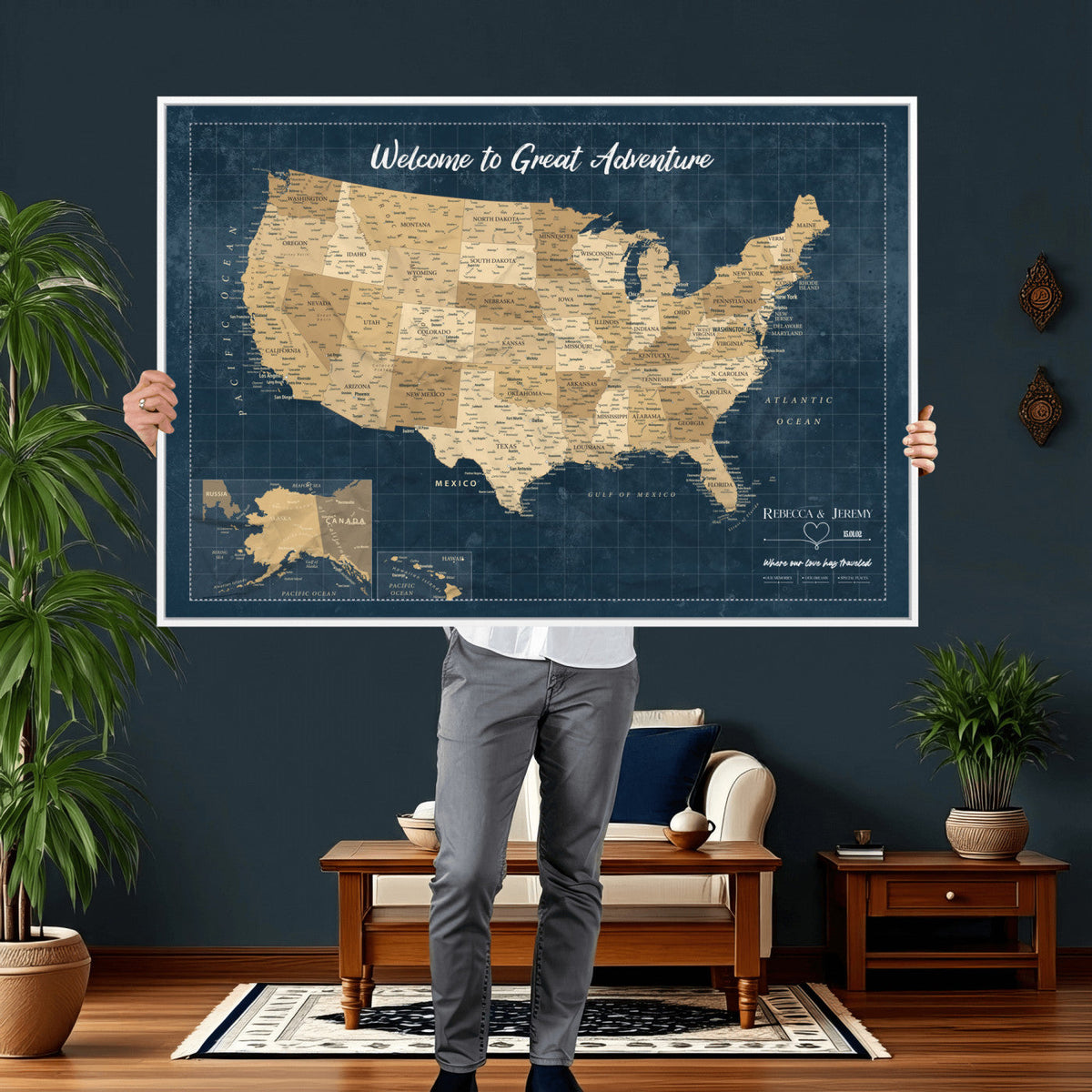 58851035-MGV-CV-36X24 - Custom Cream Push Pin USA Map Canvas Print, 50 State Bucket List Map, Family Room and Hallway Decor