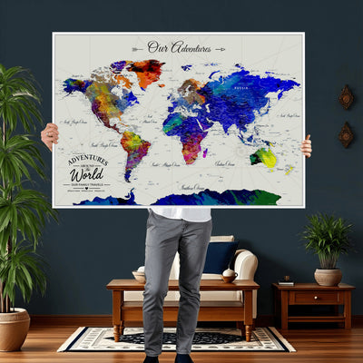 88162438-MGV-CV-36X24 - Our Family Adventures Push Pin World Map Wall Art Canvas Print | Family Travel Tracker Map with Pins