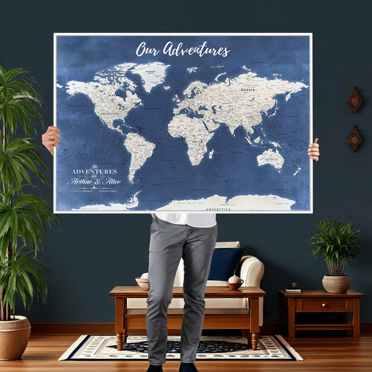 75405527-MGV-CV-36X24 - Extra Large Framed Personalize Push Pin World Map Wall Art Canvas Print for Travel Tracking - NEWMAP-113A