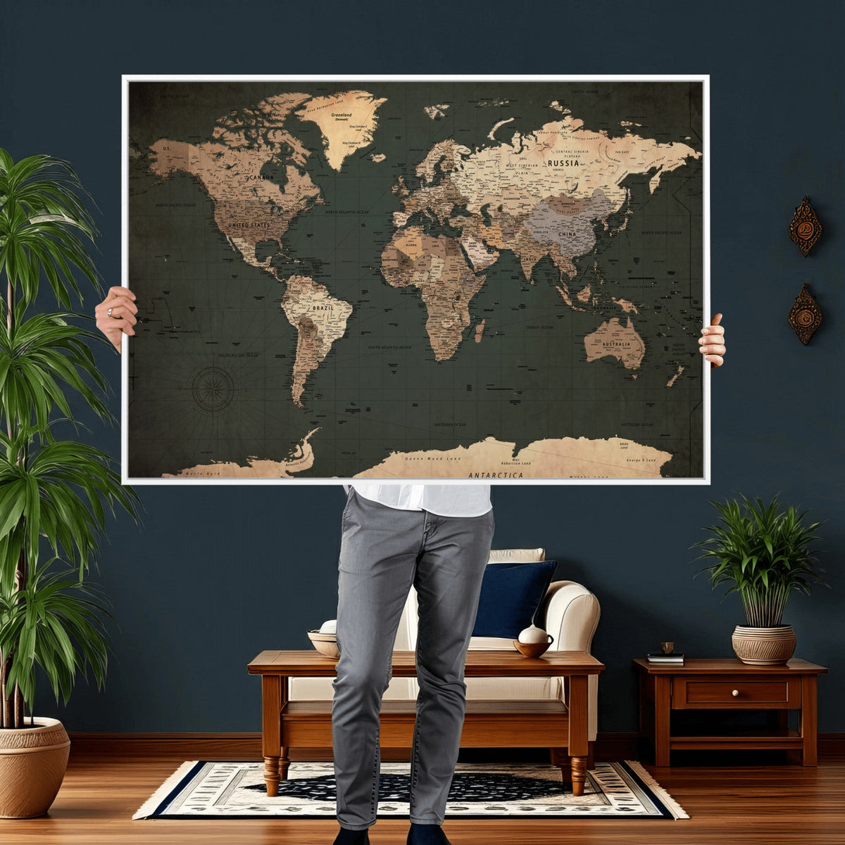 42327656-MGV-CV-36X24 - Extra Large Framed Personalize Push Pin World Map Wall Art Canvas Print for Travel Tracking - NEWMAP-116