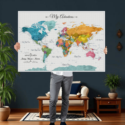 66743043-MGV-CV-36X24 - Extra Large Framed Personalize Push Pin World Map Wall Art Canvas Print for Travel Tracking - NEWMAP-131