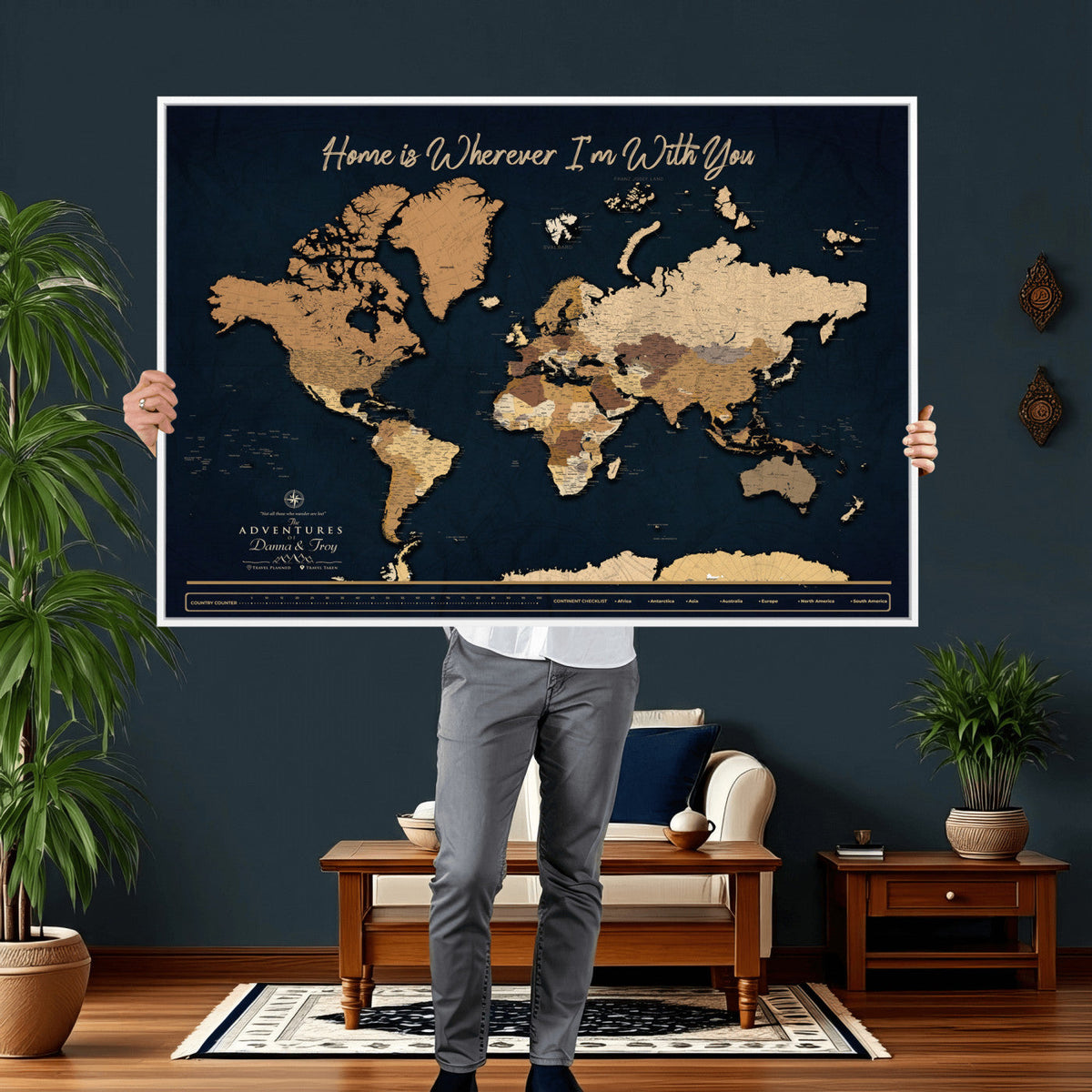 13903533-MGV-CV-36X24 - Extra Large Framed Personalize Push Pin World Map Wall Art Canvas Print for Travel Tracking - NEWMAP-152