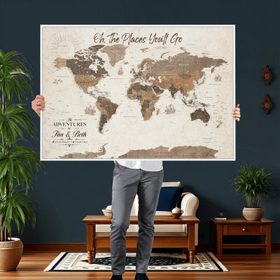 Personalized Beige Geometric Family Push Pin World Map Canvas Print, Honeymoon and Anniversary Gift, Living Room and Study Decor