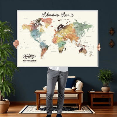 Personalized Framed Beige Modern Push Pin Travel Map Canvas Print, Family Travel Tracker, Bedroom and Home Office Decor