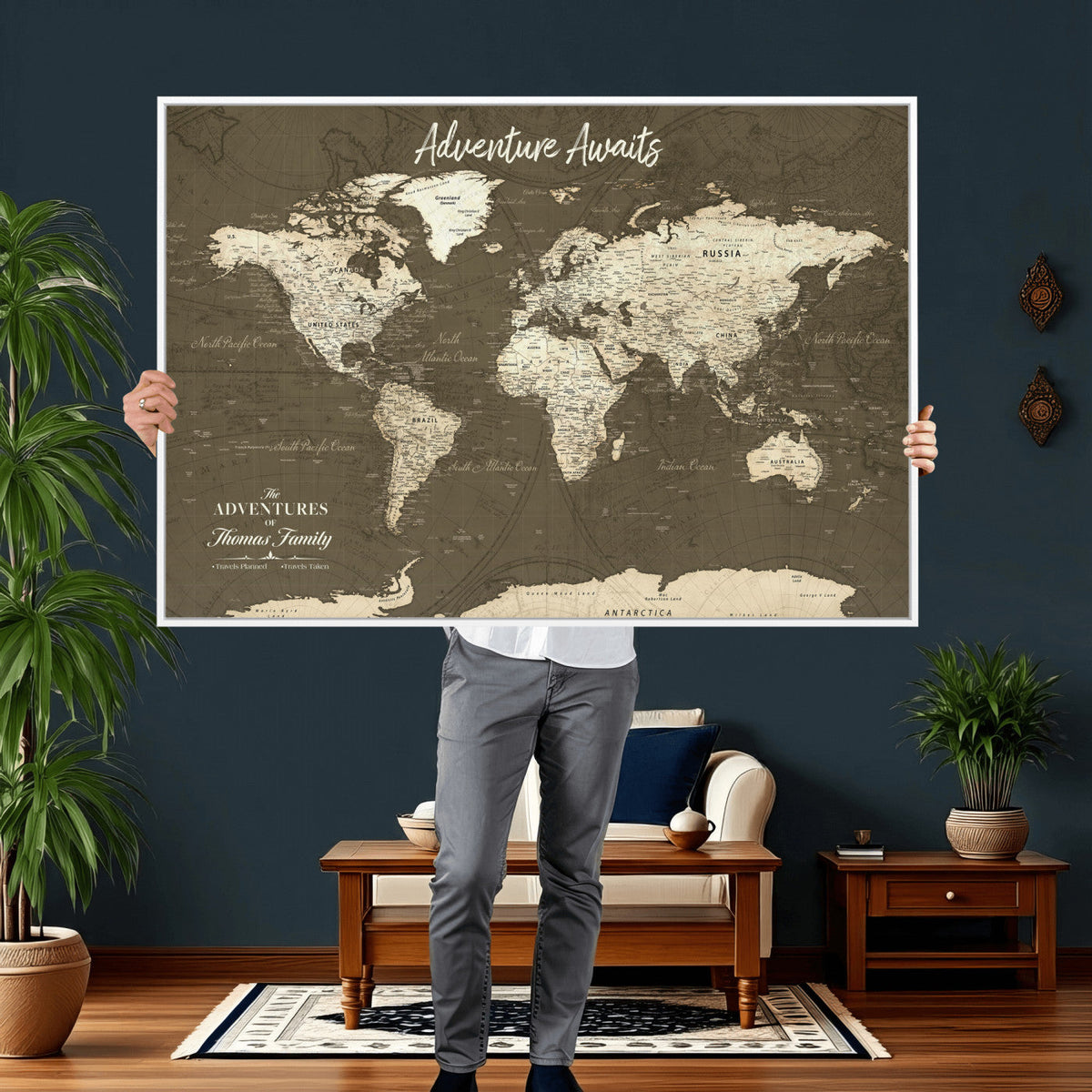 Personalized White Modern World Travel Map Wall Art with Pins, Honeymoon and Anniversary Gift, Living Room and Dining Room Decor