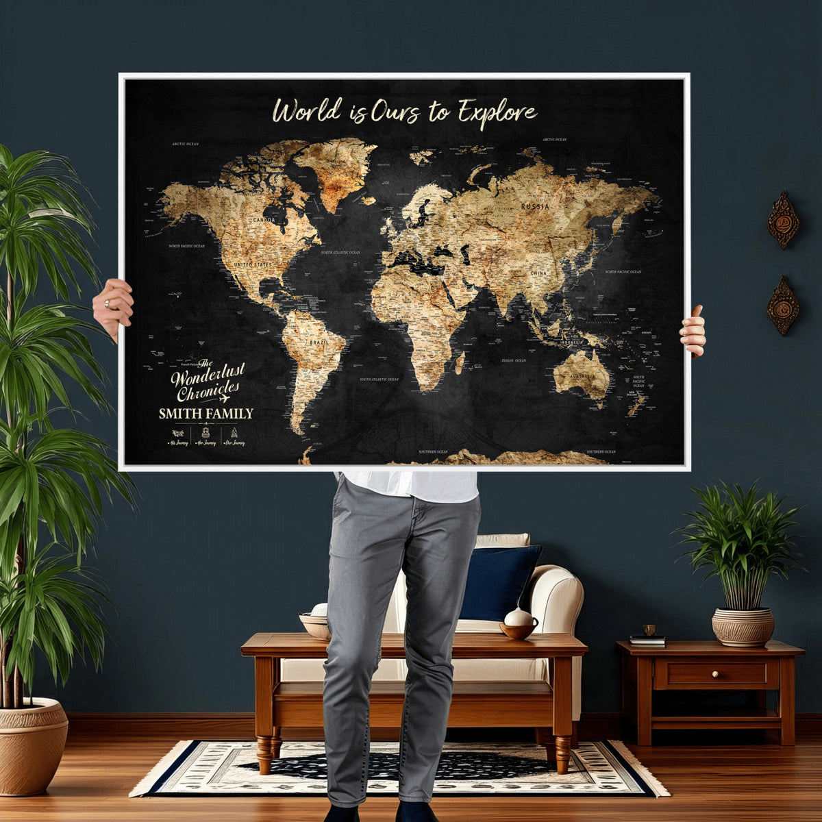 Personalized Beige Push Pin Travel Map Canvas Print, Family Travel Tracker, Bedroom and Entryway Decor