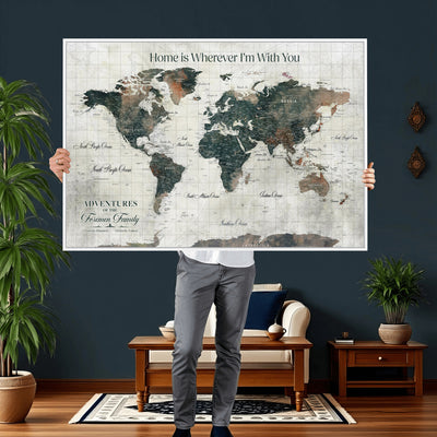 Personalized Framed Beige Push Pin Travel Map Canvas Print, Family Travel Tracker, Home Office and Hallway Decor