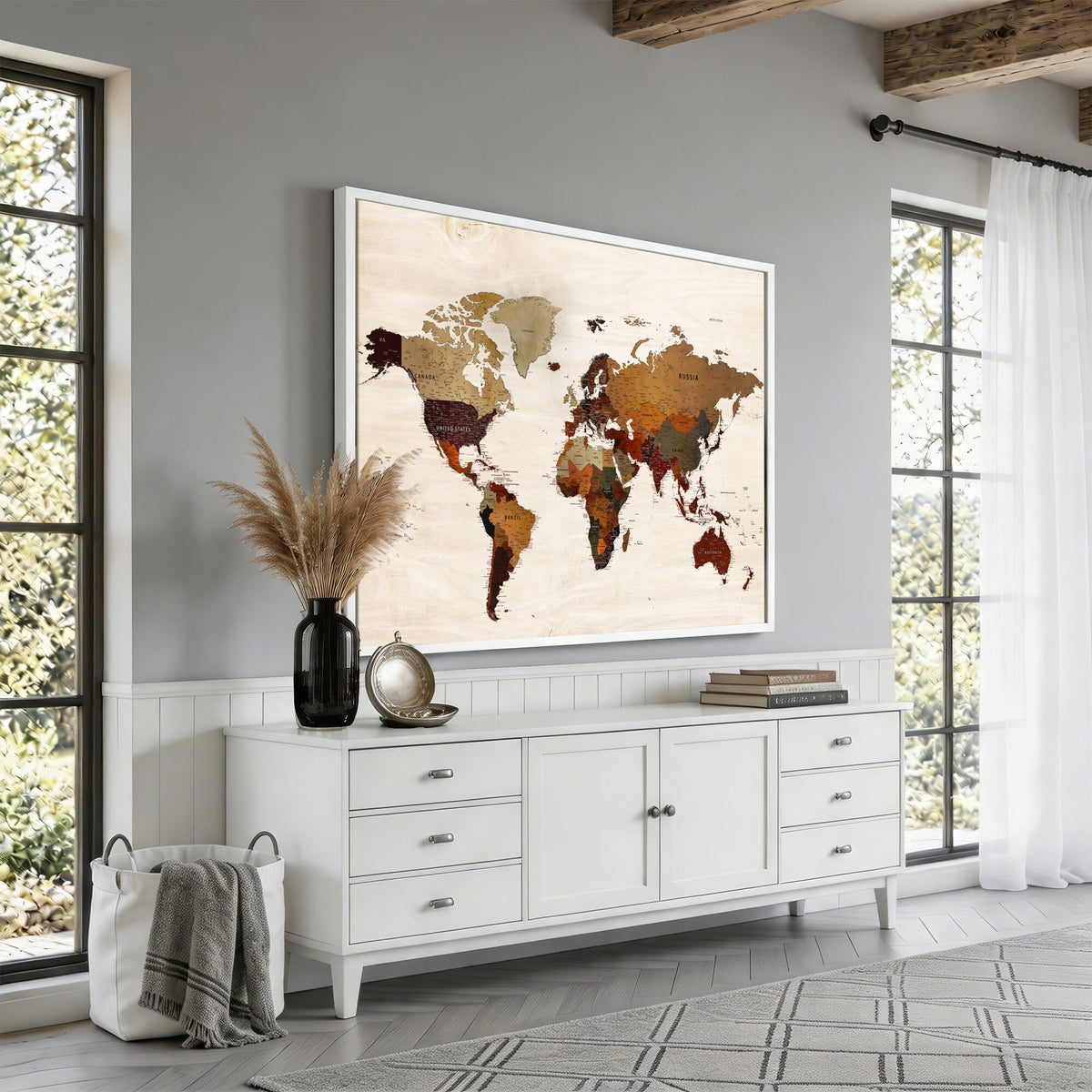 35728547D-MGV-CV-36X24 - Custom Push Pin World Map Wall Art Canvas Print – Personalized Travel Tracker with Pins Framed Large for Home and Office Decor