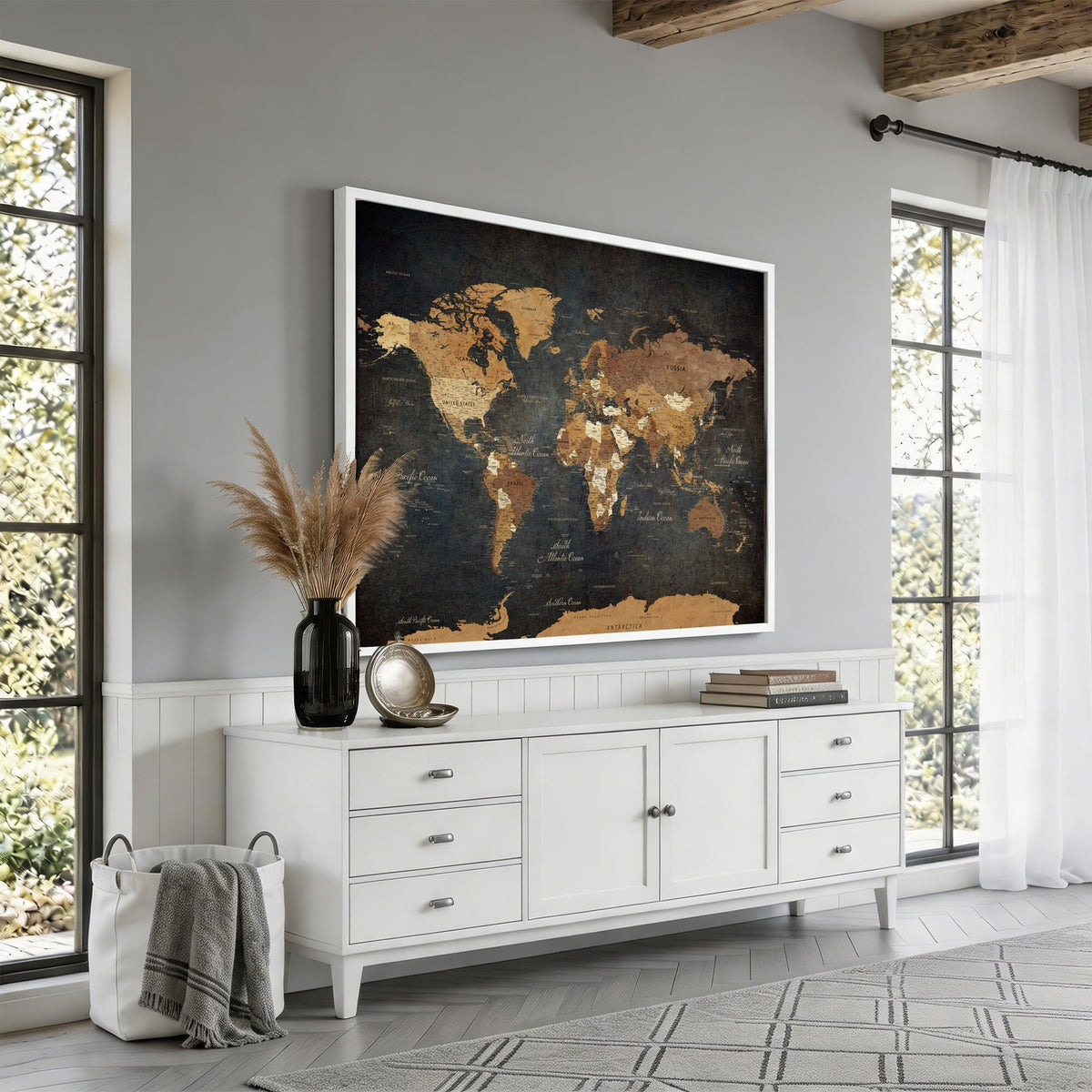 40660012D-MGV-CV-36X24 - Custom Push Pin World Map Wall Art Canvas Print – Personalized Travel Tracker with Pins Framed Large for Home and Office Decor