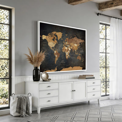 40660012D-MGV-CV-36X24 - Custom Push Pin World Map Wall Art Canvas Print – Personalized Travel Tracker with Pins Framed Large for Home and Office Decor