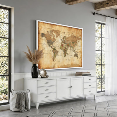 26621467D-MGV-CV-36X24 - Custom Push Pin World Map Wall Art Canvas Print – Personalized Travel Tracker with Pins Framed Large for Home and Office Decor
