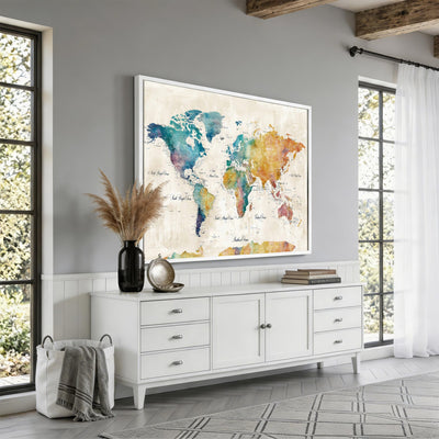 53654999D-MGV-CV-36X24 - Custom Push Pin World Map Wall Art Canvas Print – Personalized Travel Tracker with Pins Framed Large for Home and Office Decor