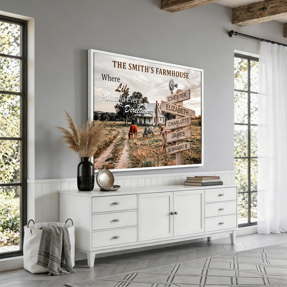 Personalized Farmhouse Family Signpost Canvas, Custom Name Wall Art