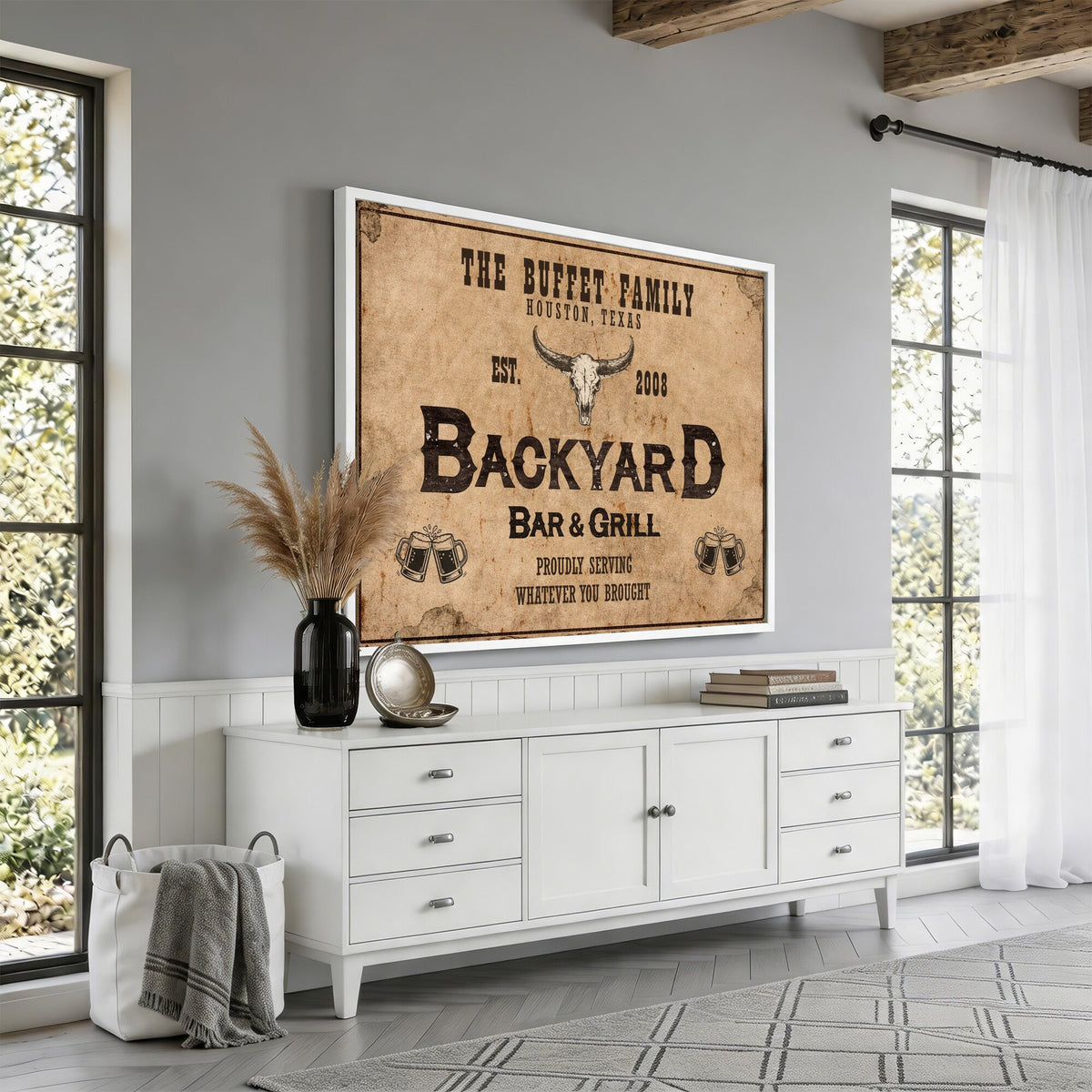 Custom Backyard Bar & Grill Sign Canvas, Personalized Family Name Sign