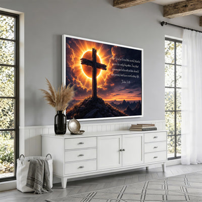 PatioSign02JSS-MGV-CV-36X24 - Custom Bible Verse Cross Canvas, Personalized Christian Wall Art