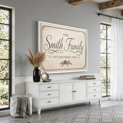 Personalized family name wall art in a rustic room