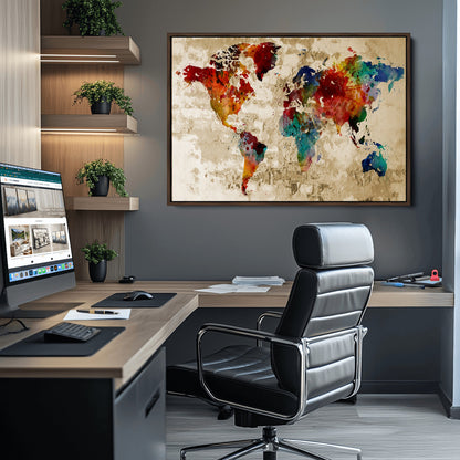 Push Pin World Map Canvas Print – Framed Wall Art for Couples to Track Their Travels – Anniversary Gift or Home Adventure Decor