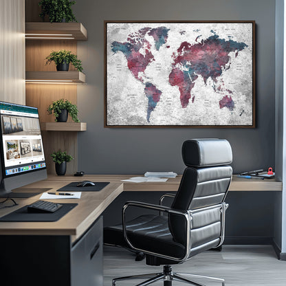 Push Pin World Map Canvas Print – Framed Wall Art for Couples to Track Their Travels – Anniversary Gift or Home Adventure Decor