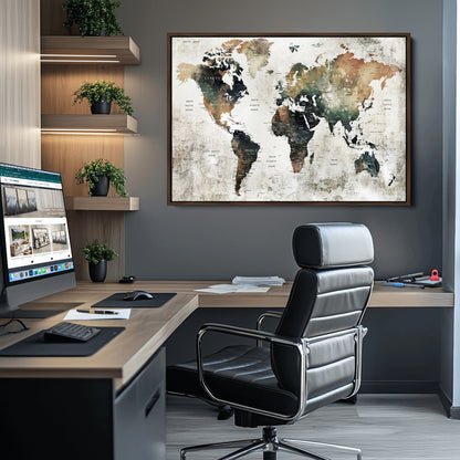 Push Pin World Map Canvas Print – Framed Wall Art for Couples to Track Their Travels – Anniversary Gift or Home Adventure Decor