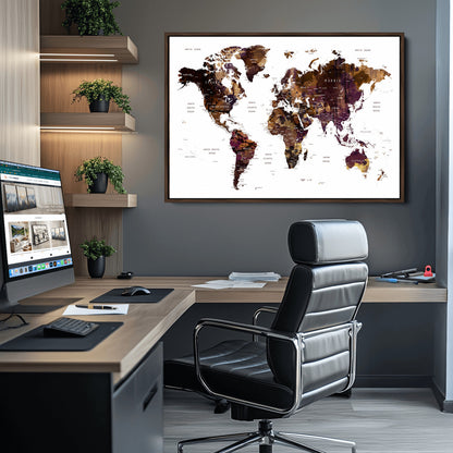 Push Pin World Map Canvas Print – Framed Wall Art for Couples to Track Their Travels – Anniversary Gift or Home Adventure Decor
