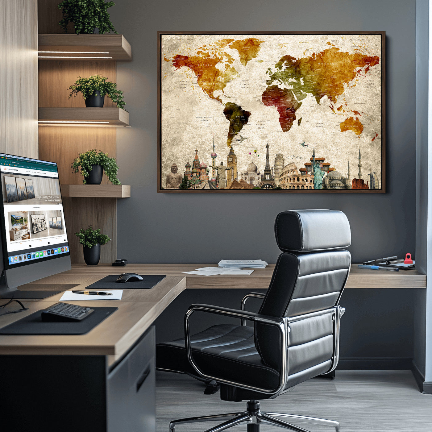Push Pin World Map Canvas Print – Framed Wall Art for Couples to Track Their Travels – Anniversary Gift or Home Adventure Decor