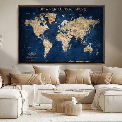 Custom World Map Wall Art – Personalized Framed Canvas Print with Push Pins for Travel Tracking, Anniversary or Couple Gift Ideas - H2-2