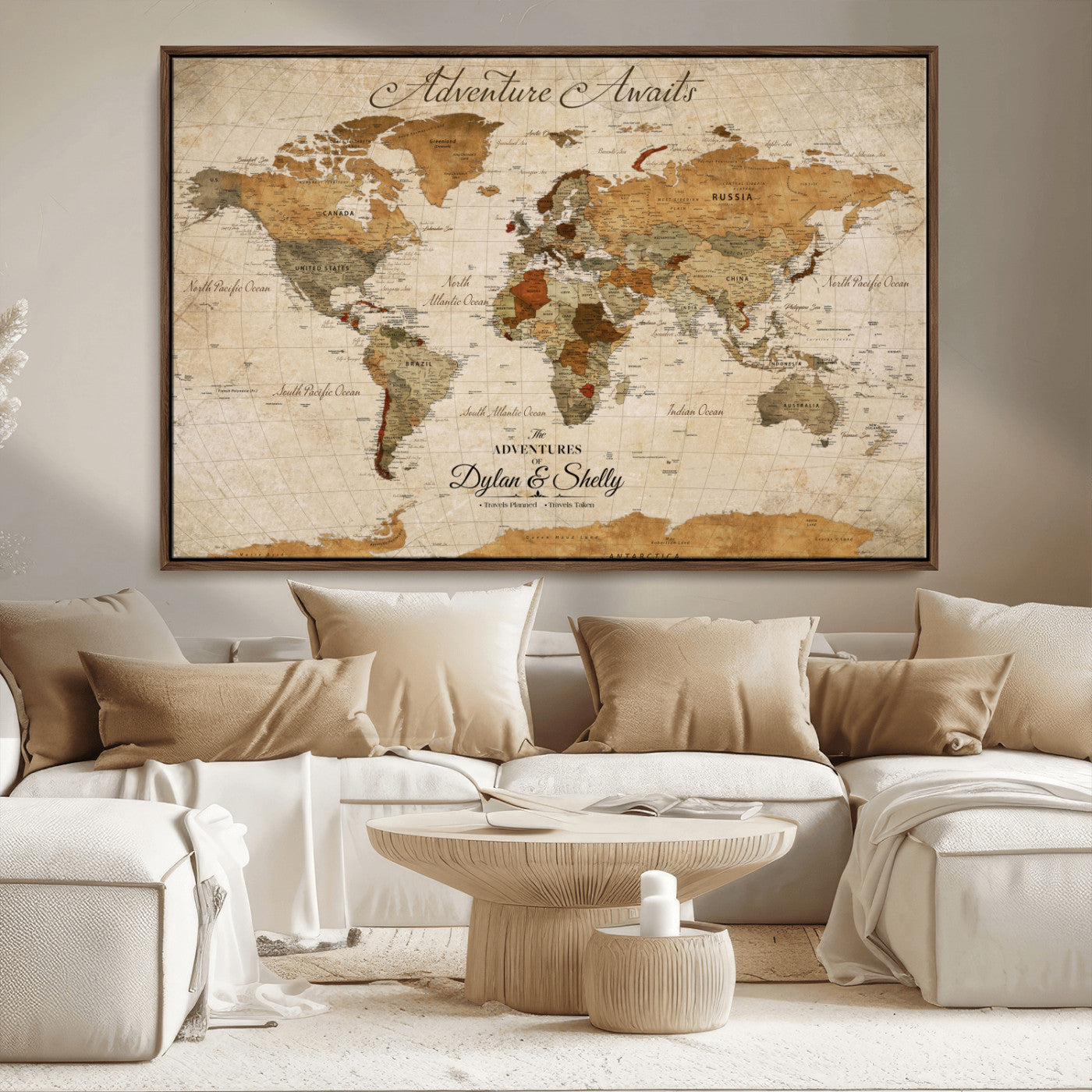 20810820-MGV-CV-30X20-Personalized World Map Print, Customizable Push Pin Framed World Map Print on Canvas - Custom Quote on Map Print