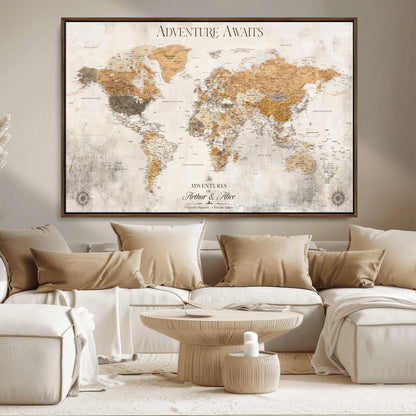 99422096-MGV-CV-30X20-Custom Push Pin World Map Wall Canvas Print – Personalized Travel Tracker with Pins – Framed Custom Quotie Canvas for Home Office Decor