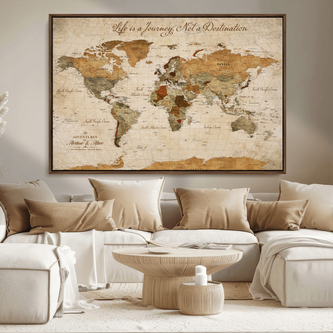 79036691-MGV-CV-30X20-Custom Push Pin World Map Wall Canvas Print – Personalized Travel Tracker with Pins – Framed Custom Quotie Canvas for Home Office Decor