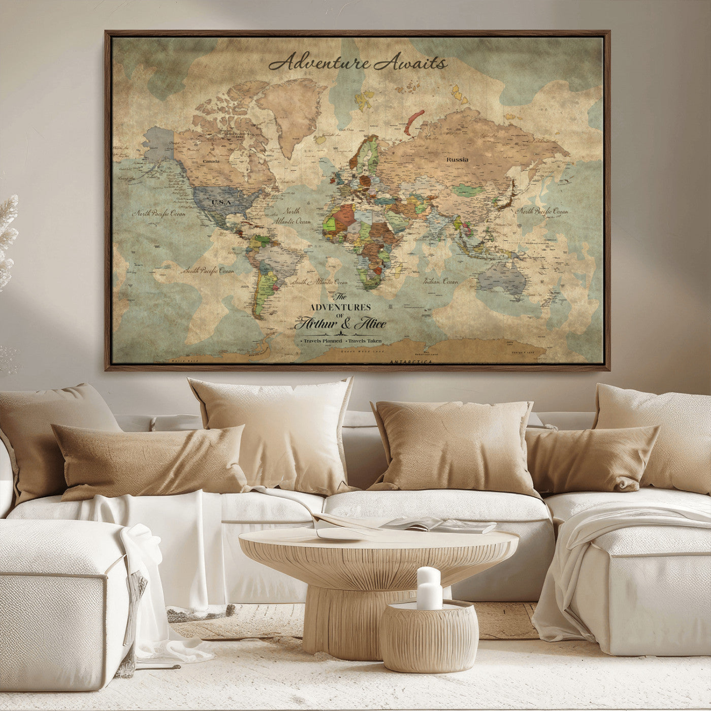 60798273-MGV-CV-30X20-Custom Push Pin World Map Wall Canvas Print – Personalized Travel Tracker with Pins – Framed Custom Quotie Canvas for Home Office Decor