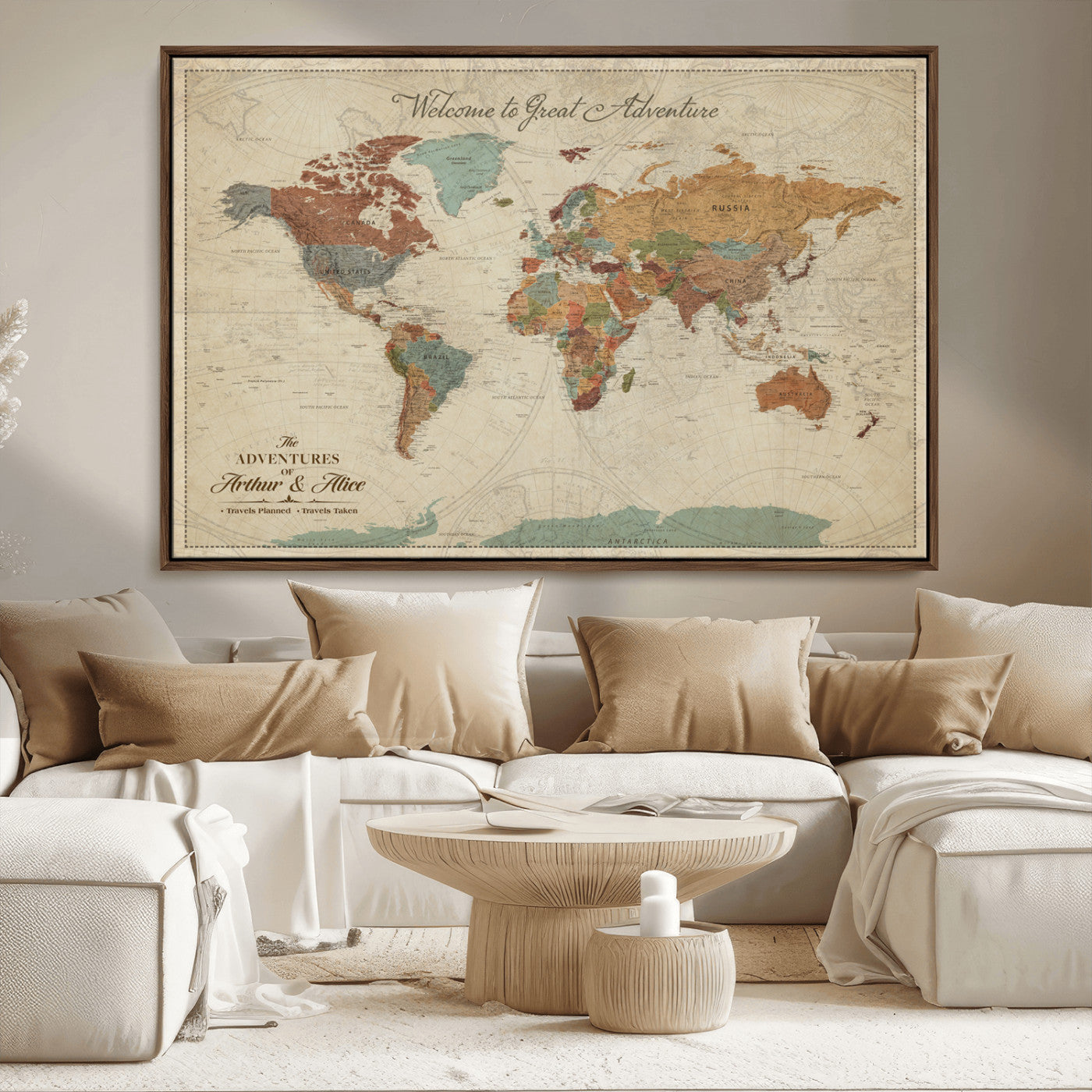 17587858-MGV-CV-36X24-Custom Push Pin World Map Wall Canvas Print – Personalized Travel Tracker with Pins – Framed Custom Quotie Canvas for Home Office Decor