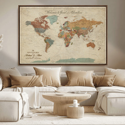 17587858-MGV-CV-36X24-Custom Push Pin World Map Wall Canvas Print – Personalized Travel Tracker with Pins – Framed Custom Quotie Canvas for Home Office Decor